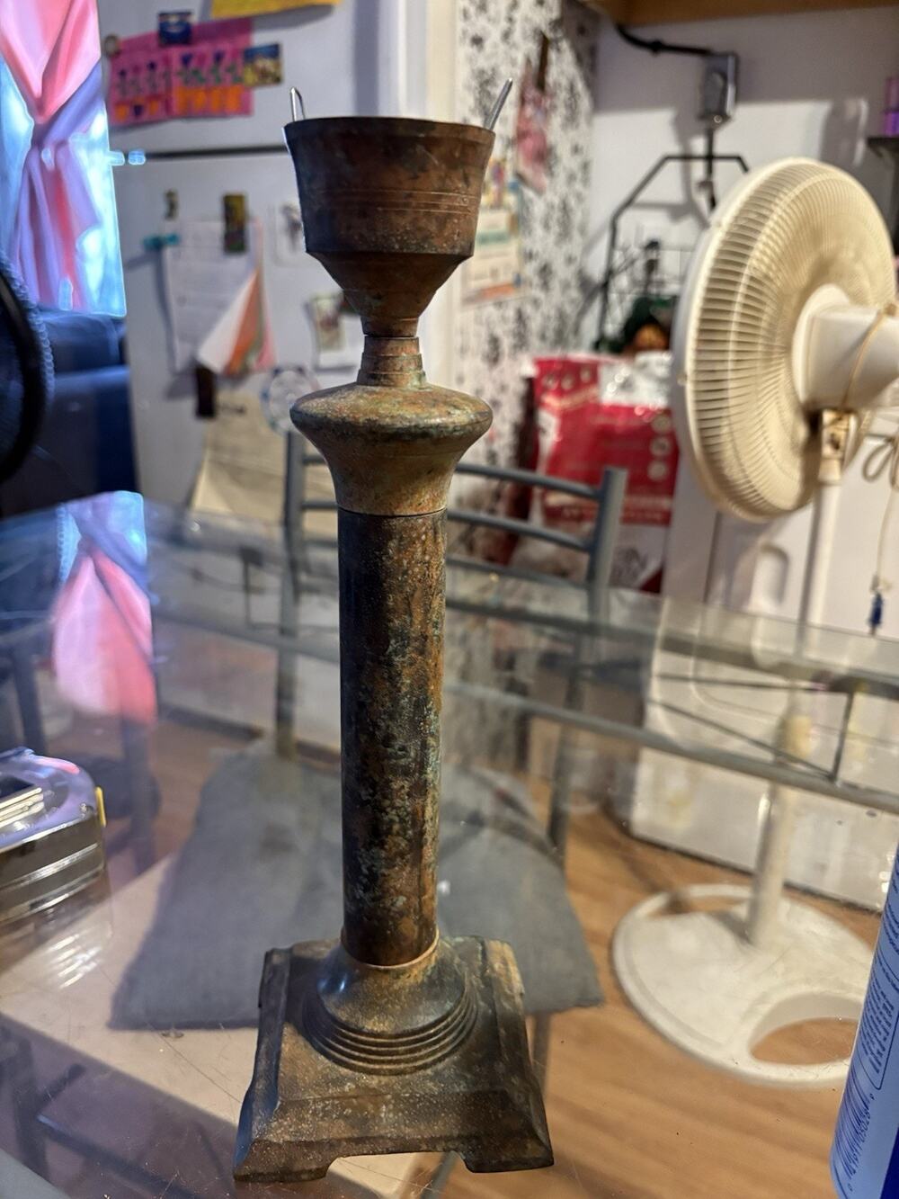 Vintage Heavy Bronze Cast Iron Candlestick Holder 12" Green Patina Gothic Rustic